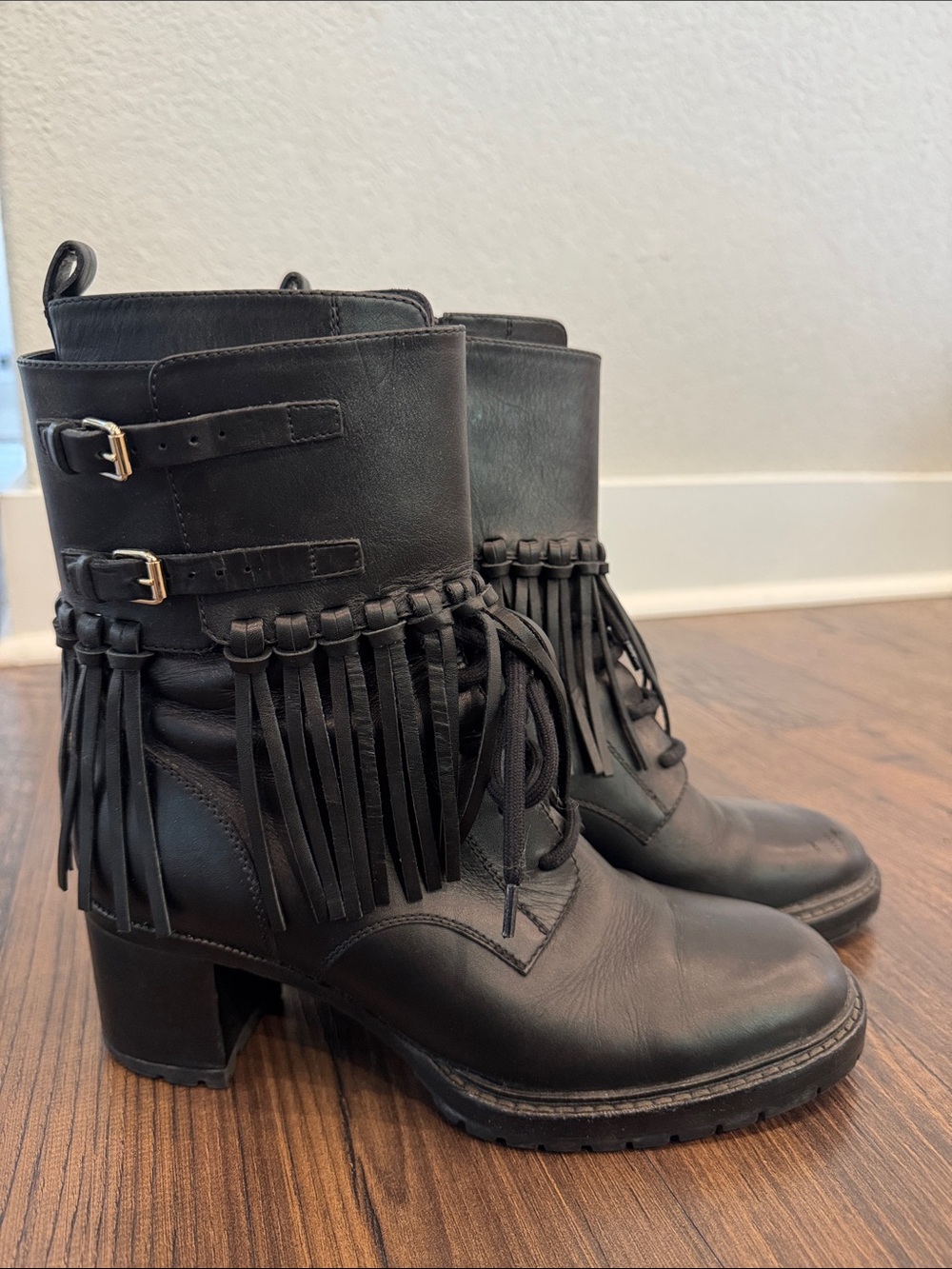 Valentino Black Leather Fringe Ankle Boots